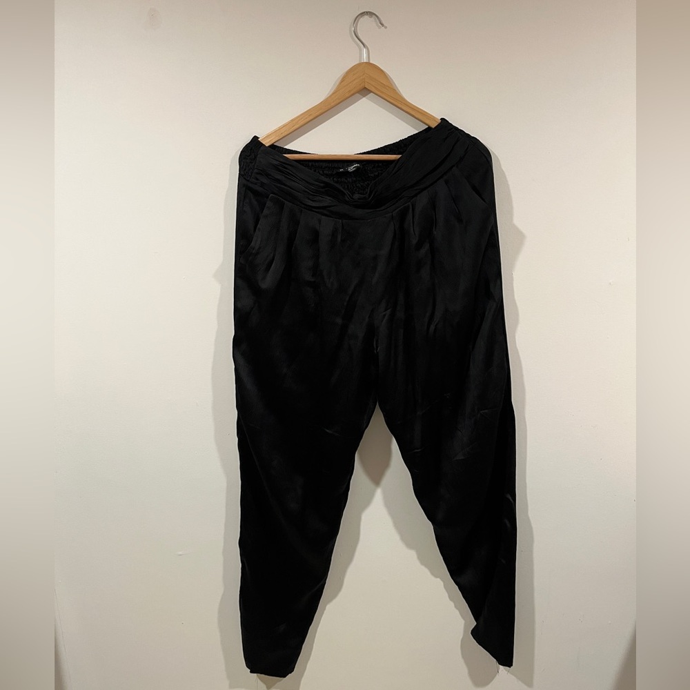Club Monaco black silk tuxedo jogger pants.